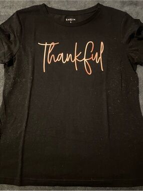 SHEIN Black Tee with Peach Script "Thankful"